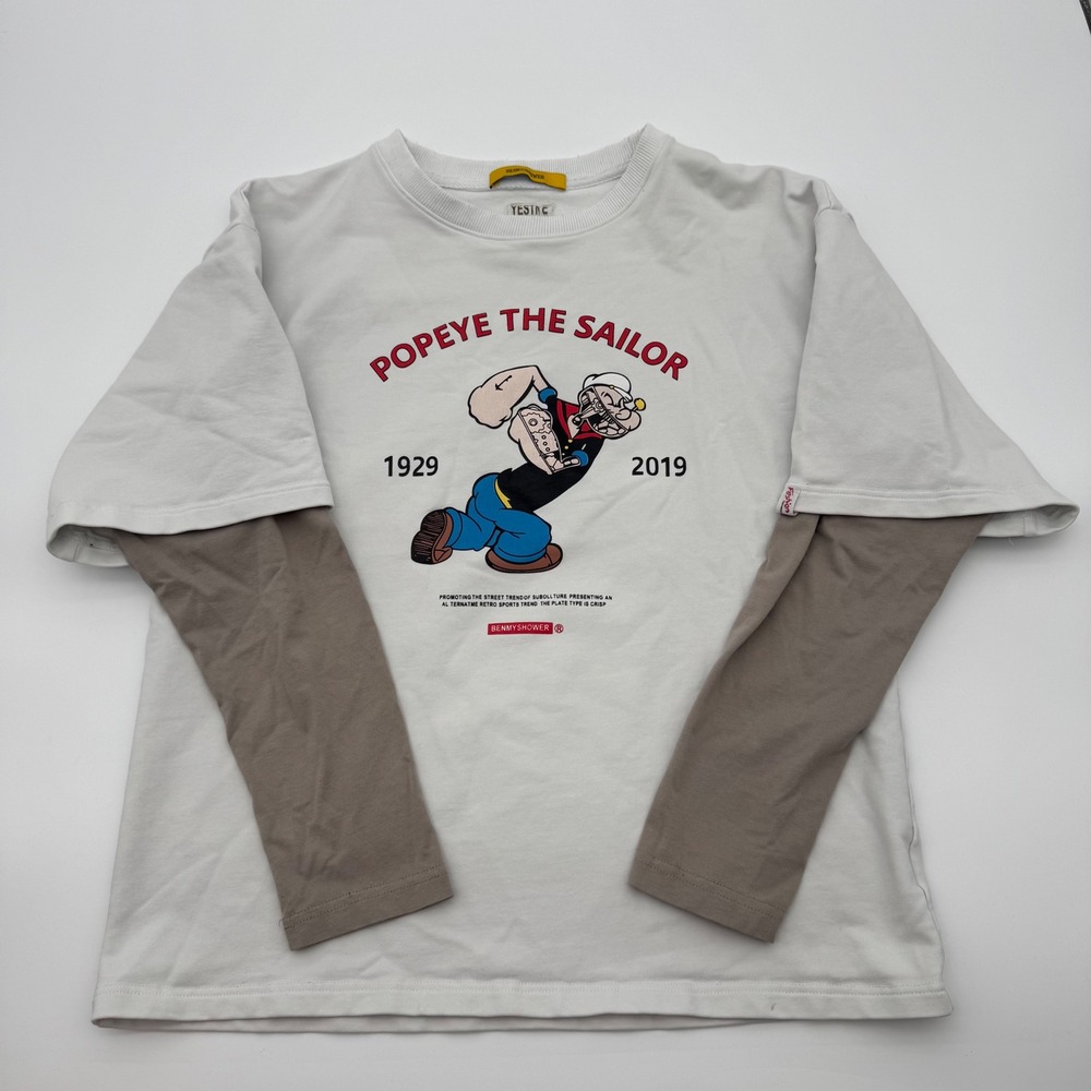 Benmy Shower Popeye the Sailor Graphic Layered Sweatshirt Mens White Brown Rare